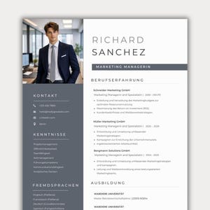 Może przedstawiać: Profesjonalny szablon CV z ciemnoszarym paskiem bocznym zawierającym dane kontaktowe, umiejętności i języki, oraz białą sekcją główną na doświadczenie zawodowe i wykształcenie. Zawiera zdjęcie osoby w garniturze.