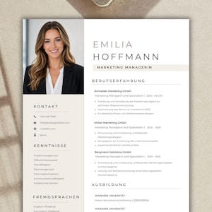 May include: A professional CV template featuring a portrait of a woman in a black blazer on the left, with sections for contact information, skills, and languages. The right side details professional experience and education for Emilia Hoffmann.