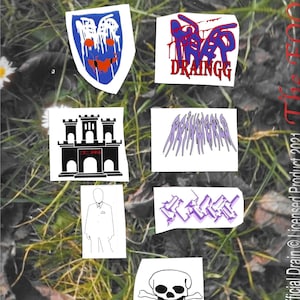 May include: A collection of seven rectangular stickers featuring various graphic designs including a blue mask, the text DRAINGG, a black castle, the text DRAINWORLD, a line drawing of a person, purple graffiti text, and a black and white skull and crossbones.