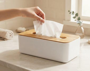 Bamboo Tissue Box Cover with Plastic Lid | White Bathroom Tissue Holder
