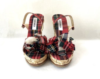 Reduced!  Vintage Castaner red plaid wedge sandals, size EU 39 (US size 8), BEAUTIFUL!