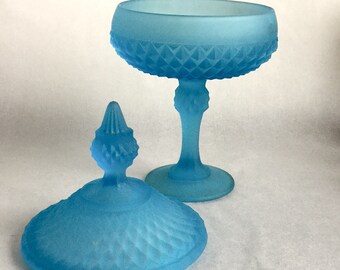 Sale!  Amazing Vintage Blue Satin Glass Lidded Compote, Inidana Glass Co. Amazing!