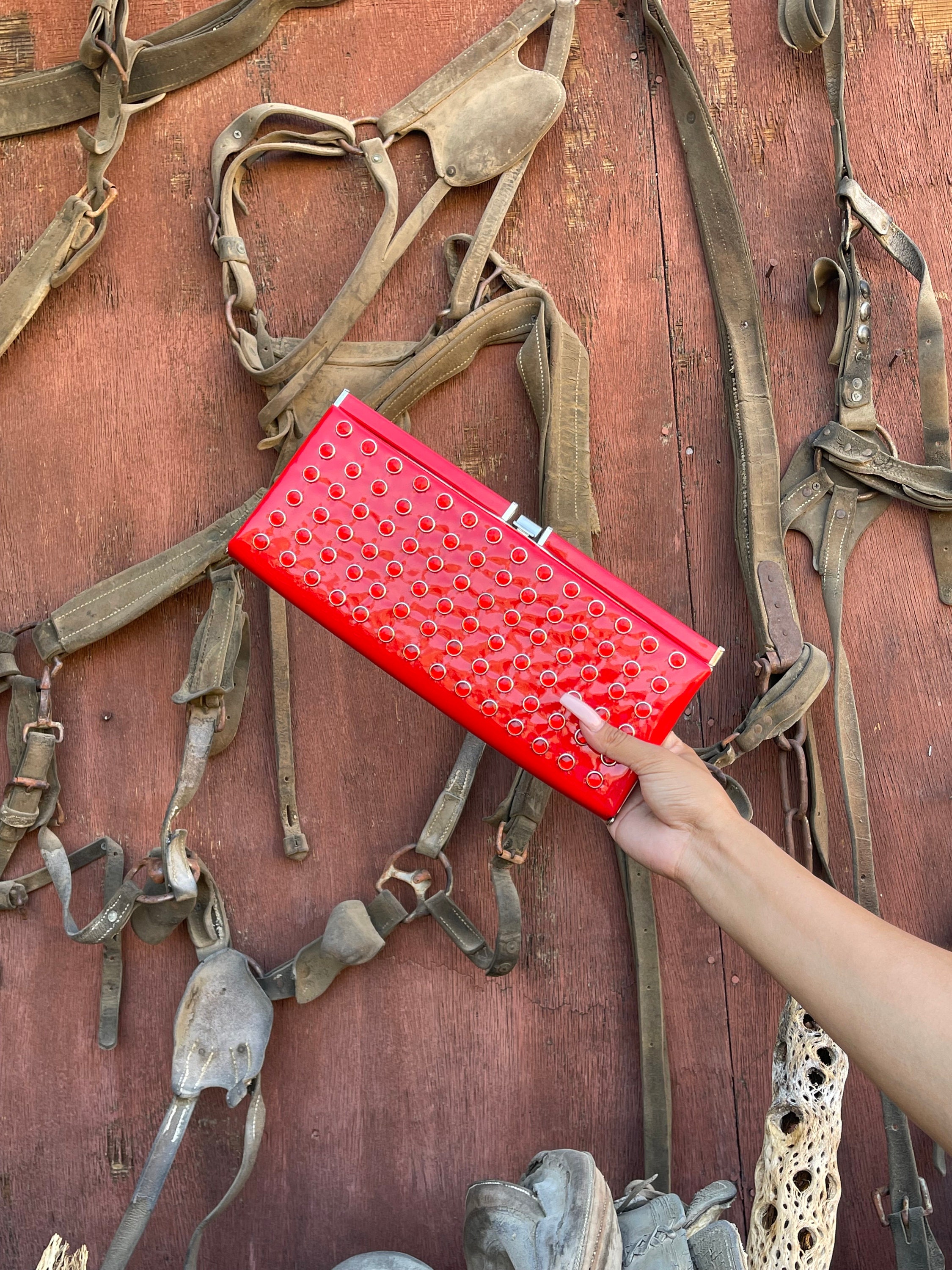 red rhinestone clutch