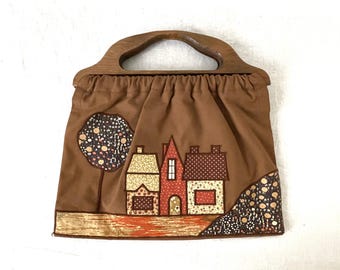 Vintage top handle fabric bag with appliques, SO PRETTY!
