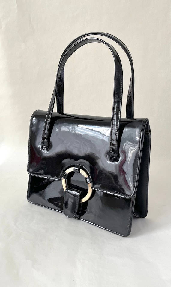 Reduced! Vintage top handle black patent purse, 50's… Gem