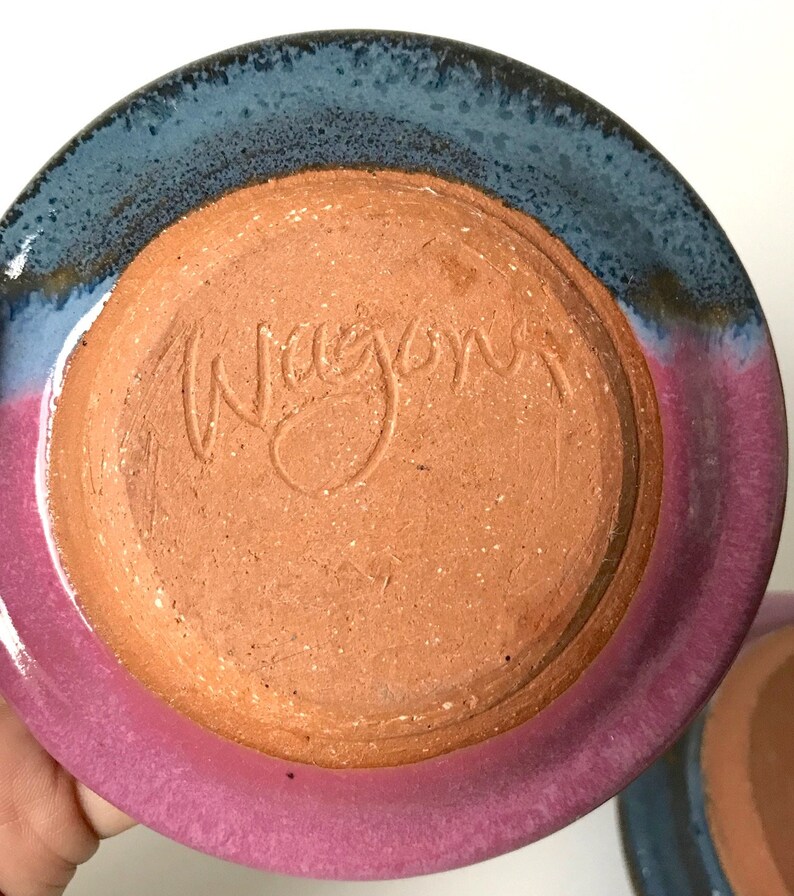 May include: A handmade ceramic plate with a unique color scheme. The plate features a vibrant pink rim that transitions to a deep blue edge. The bottom of the plate is a warm, earthy brown with the word "Wagon" inscribed.