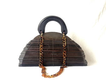 Vintage eco-friendly handmade half-moon shaped bamboo bag, STUNNING!