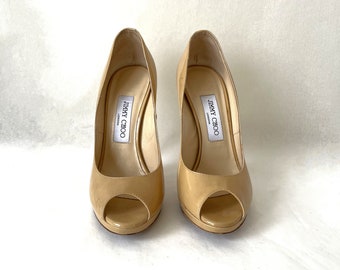 Reduced!  Vintage pair of tan patent leather Jimmy Choo platform peep toe heels, EU size 37 (US size 6).  STUNNING!