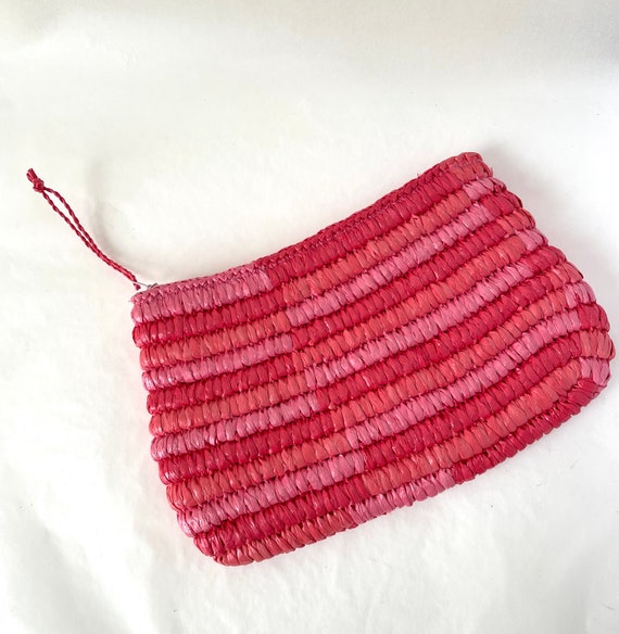 Vintage Tri-colored raffia top zip clutch bag, su… - image 2