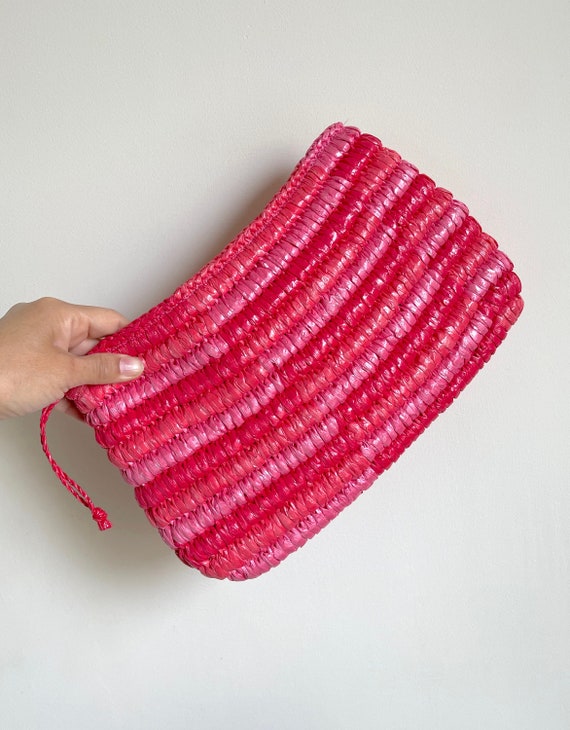 Vintage Tri-colored raffia top zip clutch bag, su… - image 1