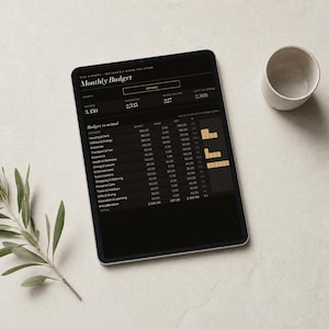 Może przedstawiać: Cyfrowy tablet wyświetlający arkusz budżetu miesięcznego z ciemnym interfejsem, białym tekstem i złotymi akcentami. Ekran pokazuje kategorie takie jak mieszkanie, media i artykuły spożywcze wraz z danymi liczbowymi i wykresami.