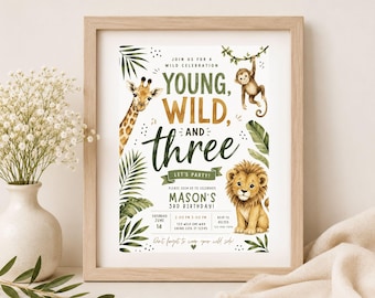 Young, Wild, Three Safari Birthday Invitation, Jungle Animals (Digital Download)
