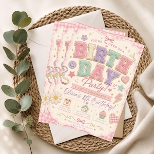 May include: A rectangular birthday party invitation card with a pink gingham border, featuring pastel-colored varsity-style letters spelling BIRTHDAY, decorative icons like daisies, hearts, stars, and lightning bolts, and printed event details.