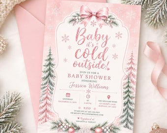 Peut inclure: Une carte d'invitation rectangulaire pour une fête prénatale avec un fond aquarelle rose, des flocons de neige blancs, des sapins et un grand nœud rose. Le texte indique Baby it's cold outside! Join us for a baby shower honoring Jessica Williams.