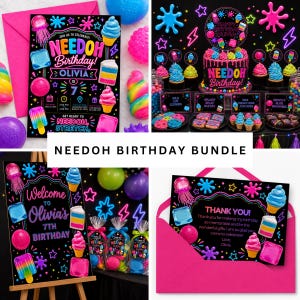 Può includere: Un set per feste di compleanno Needoh composto da articoli di cancelleria e decorazioni nere con grafiche color neon raffiguranti gelati, torte e forme gelatinose, inclusi inviti, biglietti di ringraziamento e decorazioni.