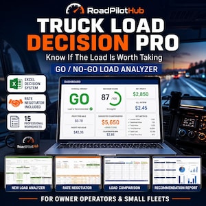 Op de afbeelding: Een digitaal dashboard getiteld Truck Load Decision Pro op een laptopscherm, met een laadanalyse-tool, beslissingsscore, nettowinst en belangrijke statistieken. Bevat iconen voor Excel, onderhandeling en 15 professionele werkbladen.