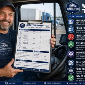 Pode incluir: Um planejador de viagem semanal em uma prancheta com uma tabela de resumo de rotas, seção de planejamento de combustível, rastreador de despesas e notas. O documento inclui o texto Roadpilothub, Weekly Trip Planner, Plan, Organize, Track, Achieve.