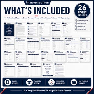 May include: A digital driver qualification file kit featuring 26 professional pages for driver records, document tracking, and internal file organization. Includes 20 working forms, printable and fillable PDF formats, and US letter size specifications.