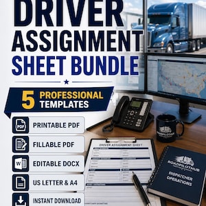 May include: A digital product bundle titled Driver Assignment Sheet Bundle by RoadPilotHub, featuring 5 professional templates. Includes printable and fillable PDFs, editable DOCX files, US Letter and A4 sizes, and instant download options for trucking.
