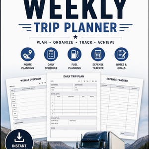Pode incluir: Um planejador de viagem semanal com seções para planejamento de rotas, horários diários, combustível, despesas e notas. O layout inclui modelos para resumo semanal, plano diário e rastreamento de despesas em 21,59 cm x 27,94 cm.