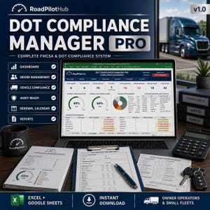 May include: A laptop displaying the RoadPilotHub DOT Compliance Manager Pro dashboard, surrounded by a printed compliance summary report, a DOT inspection report form, a blue pen, a black calculator, a mug, and keys on a dark wooden desk.
