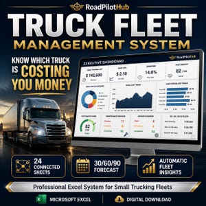 Op de afbeelding: Een digitaal scherm met het RoadPilotHub Truck Fleet Management System dashboard met grafieken, kostentrends en vlootstatistieken. Een vrachtwagen is links zichtbaar, met tekst over 24 verbonden bladen, een 30/60/90 prognose en automatische vlootinzichten voor Microsoft Excel.