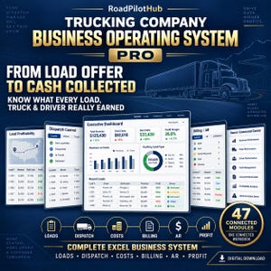 Può includere: Un sistema operativo aziendale per aziende di autotrasporti intitolato RoadPilotHub. L'interfaccia mostra una dashboard esecutiva con metriche finanziarie, redditività del carico, controllo spedizioni, fatturazione e gestione.