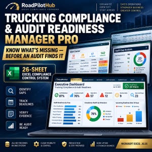 May include: A digital dashboard display for the RoadPilotHub Trucking Compliance & Audit Readiness Manager Pro, featuring an Excel-based system with charts, graphs, and data tables for tracking driver qualifications, vehicle maintenance, and audit gaps.