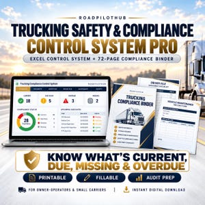 Peut inclure: Un système numérique de contrôle de la sécurité et de la conformité du transport routier affiché sur un écran d'ordinateur portable, accompagné d'un classeur de conformité de 72 pages et de formulaires d'entretien de véhicules imprimés.