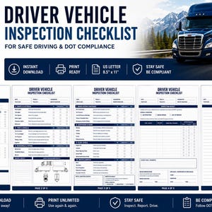 Puede incluir: Un documento PDF de cinco páginas titulado Driver Vehicle Inspection Checklist para el cumplimiento del DOT. El diseño presenta texto en azul y blanco, un gráfico de semirremolque y campos para detalles de inspección de 21,59 cm por 27,94 cm.