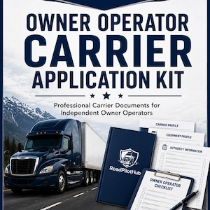 Puede incluir: Un kit de productos digitales titulado RoadPilotHub Owner Operator Carrier Application Kit que incluye una carpeta azul oscuro, un portapapeles con una Owner Operator Checklist y documentos llamados Carrier Profile, Equipment Profile y Authority Information.