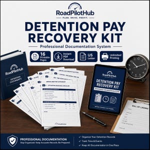May include: RoadPilotHub Detention Pay Recovery Kit professional documentation system featuring 16 printable pages, instant PDF download, US letter size, and unlimited printing. Includes a binder, printed forms, a tablet, a pen, and a clock.