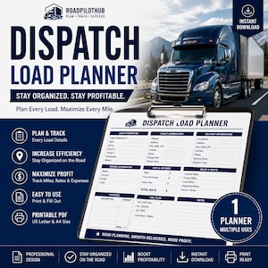 May include: A digital dispatch load planner template on a clipboard featuring sections for load, pickup, delivery, broker, rate, payment, miles, route, expenses, and fuel plan. The document includes the text Dispatch Load Planner and Roadpilothub.