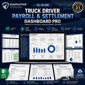 May include: A digital truck driver payroll and settlement dashboard pro system featuring a central laptop screen displaying financial data, charts, and tables. The interface includes sections for gross pay, deductions, net pay, and bonuses for trucking business management.