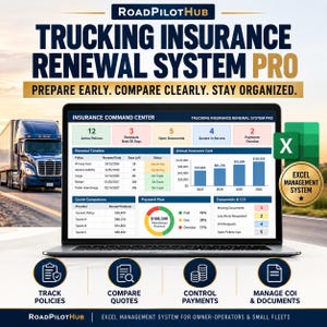 Pode incluir: Uma tela de laptop exibe o painel do RoadPilotHub Trucking Insurance Renewal System Pro, com tabelas de dados, um gráfico de barras e indicadores de status para apólices, cotações e pagamentos, ao lado de um ícone de sistema Excel.
