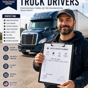 May include: A digital truck driver planner document on a clipboard featuring sections for mileage, fuel, expenses, maintenance, and a weekly trip planner. The document includes a profit overview and is formatted for US Letter 8.5 inch by 11 inch paper.