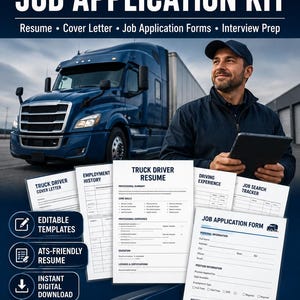 Op de afbeelding: Een sollicitatiekit voor vrachtwagenchauffeurs met bewerkbare sjablonen, waaronder een cv, sollicitatiebrief, sollicitatieformulieren en interviewvoorbereiding, met secties voor werkverleden, rijervaring en een tracker voor het zoeken naar een baan.