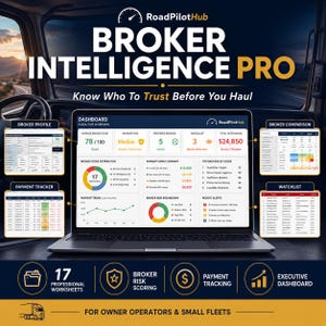 May include: A laptop displaying the RoadPilotHub Broker Intelligence Pro dashboard, featuring data visualizations, broker scores, payment tracking, and risk analysis. The screen shows charts, tables, and lists for freight management and broker evaluation.