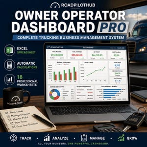 Könnte beinhalten: Ein Laptop mit dem RoadPilotHub Owner Operator Dashboard Pro, einem Managementsystem für Transportunternehmen. Der Bildschirm zeigt Finanzdaten, Diagramme und Grafiken. Eine schwarze Tasse, ein Notizblock mit Checkliste und Schlüssel liegen auf dem Tisch.
