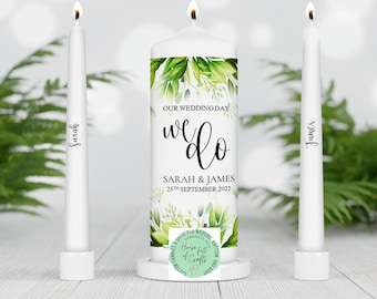Unity Candle set - Custom Wedding Unity Candle - Candele cerimonia - set di candele nuziali personalizzate - Eucalyptus - matrimonio verde - facciamo