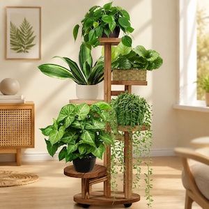 Tall Wooden Plant Stand with Wheels, Multi Tier Rustic Boho Decor
