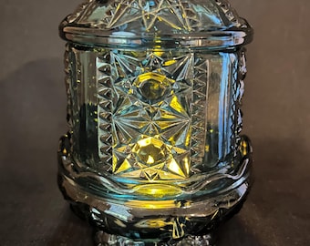 Vintage Indiana Glass Stars and Bars Fairy Lamp in Colonial Blue, Two Piece MCM Pressed Glass Votive Candle Holder, Retro Blue Fairy Light
