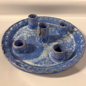 Vintage McCarty Pottery 5-Pipe Candle Plate Cobalt Blue | Signed Mississippi Delta Studio Art Pottery Thumbprint Edge Taper Candle Holder