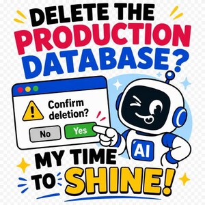 以下が含まれることがあります： 白と青のロボットが「Confirm deletion?」と書かれたコンピューターウィンドウと「Yes」ボタンを指差しているグラフィックイラスト。テキストは赤、青、黄色の太字で「DELETE THE PRODUCTION DATABASE?」および「MY TIME TO SHINE!」と書かれています。