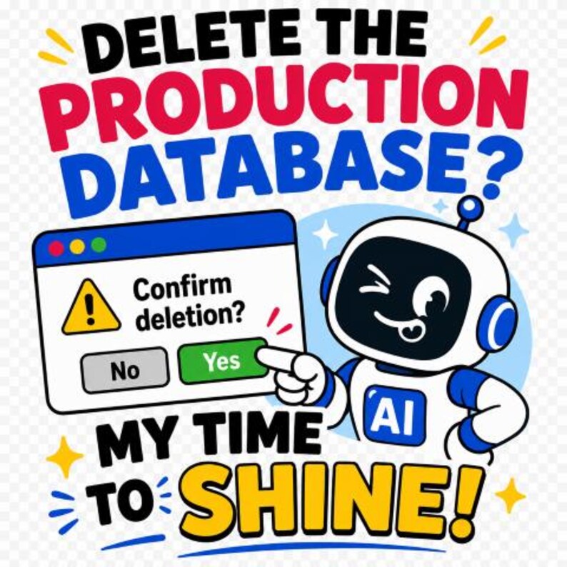 以下が含まれることがあります： 白と青のロボットが「Confirm deletion?」と書かれたコンピューターウィンドウと「Yes」ボタンを指差しているグラフィックイラスト。テキストは赤、青、黄色の太字で「DELETE THE PRODUCTION DATABASE?」および「MY TIME TO SHINE!」と書かれています。