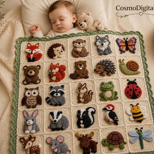 May include: A cream-colored crochet baby blanket featuring a grid of twenty-five square patches, each decorated with a unique three-dimensional animal or insect appliqué, finished with a scalloped sage green border and the text CosmoDigitalsCo.