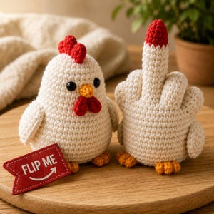 Puede incluir: Dos pollos de ganchillo hechos de hilo color blanco roto. El pollo de la izquierda tiene cresta roja, barbillas rojas, pico naranja y ojos negros, con una etiqueta roja que dice FLIP ME. El pollo de la derecha muestra un dedo medio.