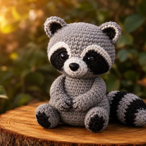 May include: A crocheted raccoon stuffed animal featuring a grey body, black eye patches, a white muzzle, and a black nose. The toy has small rounded ears with black centers and a striped tail with alternating grey and black bands, sitting upright.