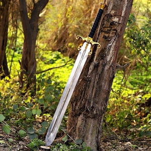 May include: A long sword with a double-edged steel blade, a gold-colored metal crossguard featuring ornate scrollwork, and a black wrapped handle. The sword is positioned vertically, resting against the rough, textured bark of a tree trunk.