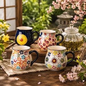 Könnte beinhalten: Ein Set aus vier Keramiktassen mit bauchiger Form und schwarzen Henkeln, verziert mit bunten Blumenmustern sowie einer einfarbig dunkelblauen Tasse mit gelbem Kreisdesign, neben einer klaren Glasteekanne auf einem Holztablett.